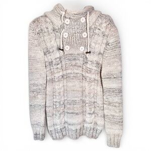 Leif Nelson Cable Knit Hooded Heavy Fisherman Sweater Men’s Medium M Gray Beige